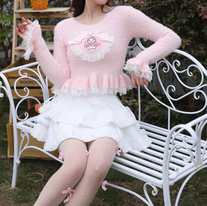 Sweetheart Princess Winter Marie Cat Pink Fuzzy Cropped Sweater & White Ruffled Skirt Two Piece Set