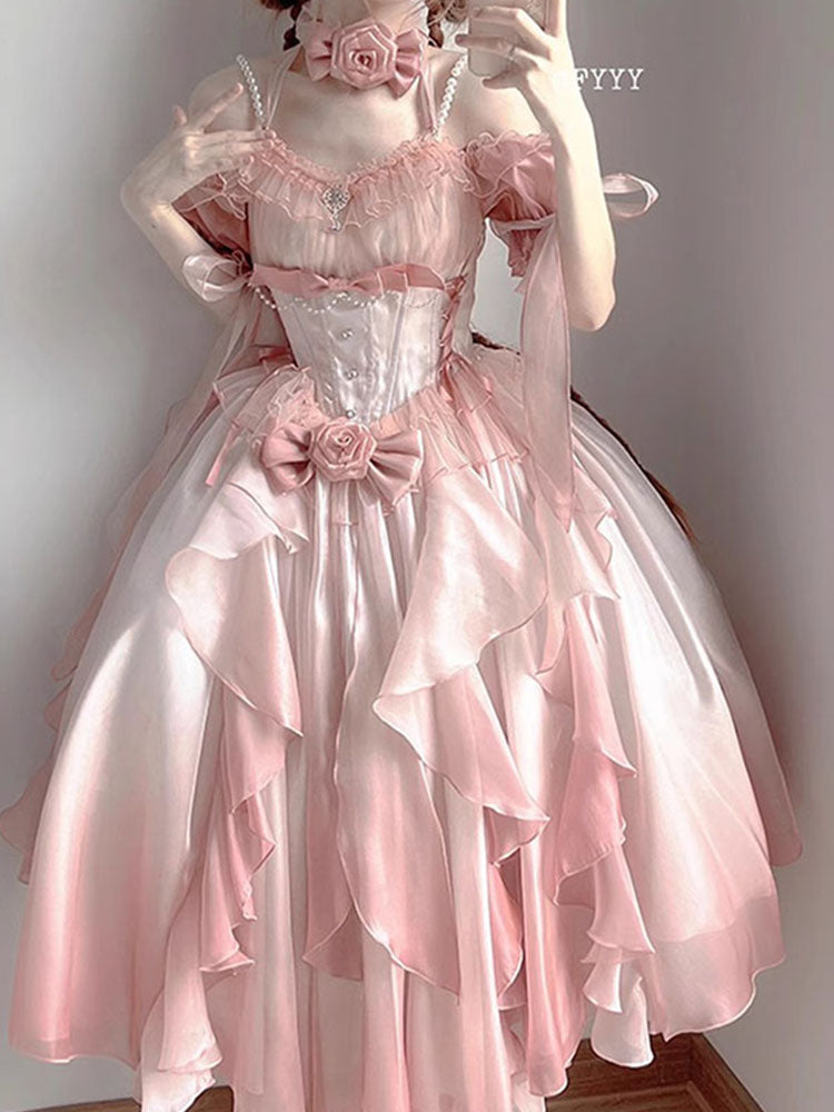 Meow Fruit Rose Pearl Decorated Princess Ruffled Bow Layered Elegant Prom Dress