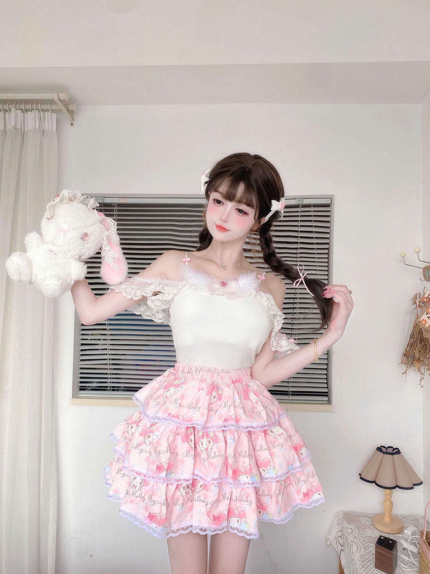 Candy Fairy Coquette White Camisole & Pink Melody Ruffled Cake Mini Skirt Two Piece Set