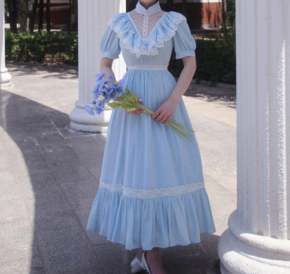 Vintage Glow Lace Satin Retro Classic Princess Sky Aqua Blue Puff Sleeve Dress