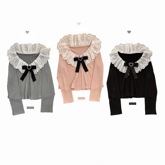 Kitten Bullet Panic Syndrome Lace Collar Pink Black Gray Knit Shirt Cardigan