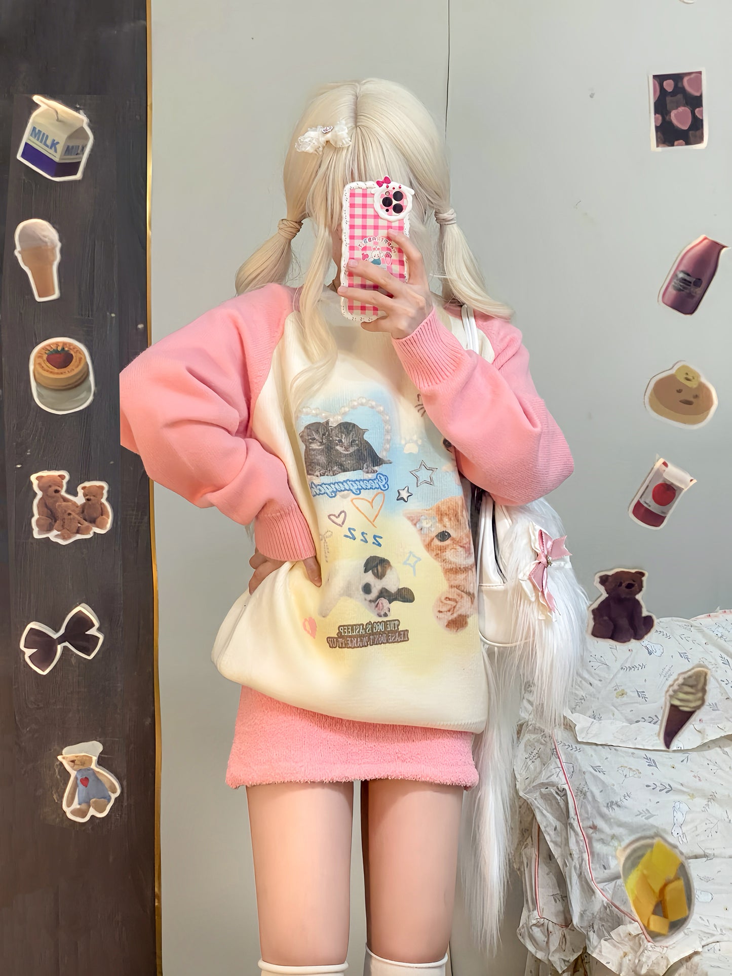 Serendipity Cute Animals Cats Dogs Raglan Pink Blue Black Knit Sweater Shirt