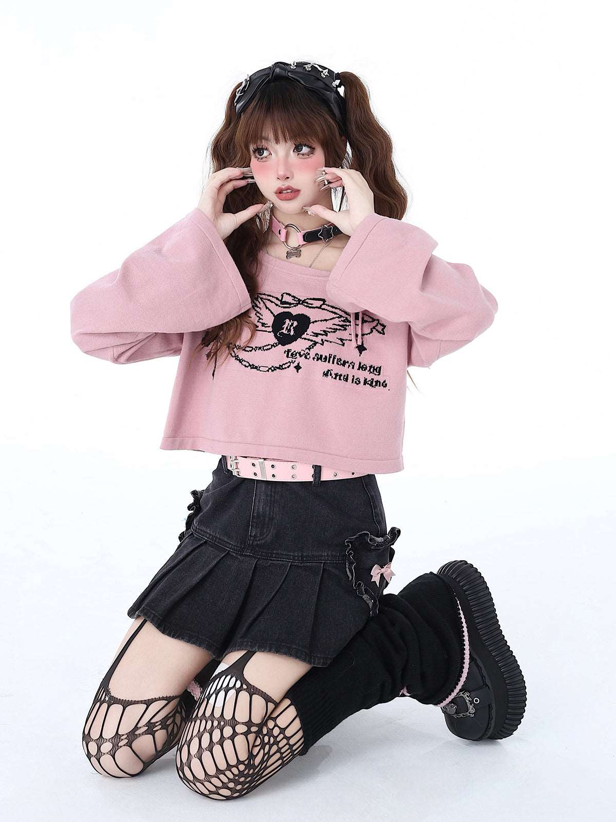 Crazy Girl First Love Concerto Heart Wings Y2K Pink Black Shirt Top