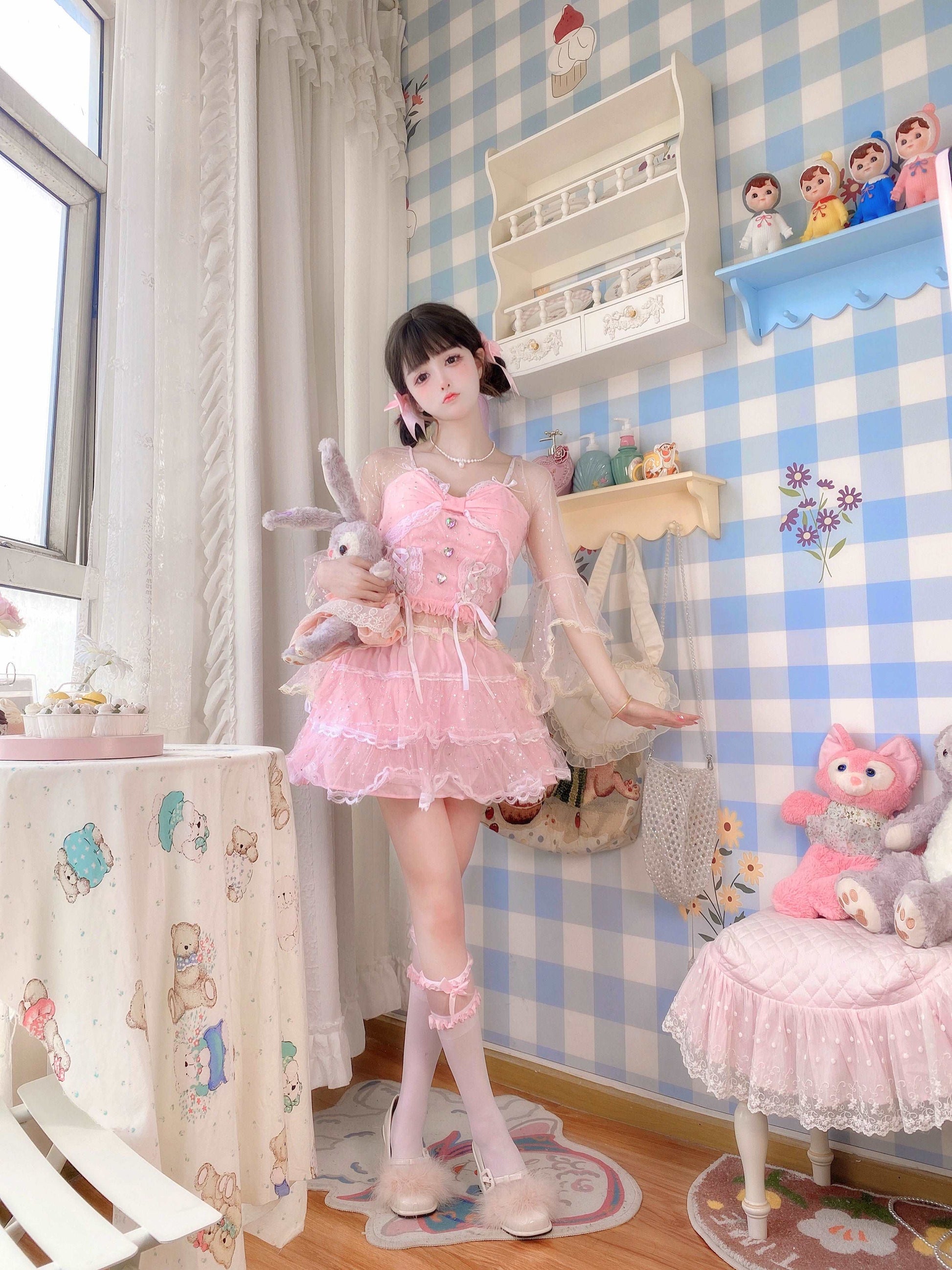 Candy Fairy Pink Stardust Lace Bow Camisole Top & Cake Ruffled Skirt Two Piece Set