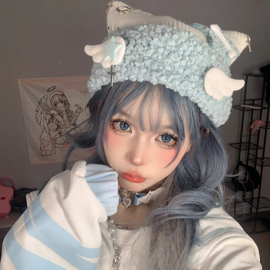 Y2K Star Cross Angel Wings White Cat Ear Knit Soft Pastel Blue Beanie