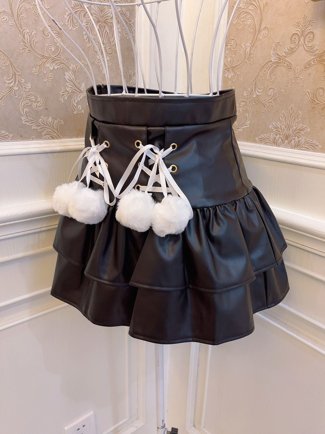 Sweetheart Princess Furball Ruffled PU Leather Pink White Black High Waist Mini Skirt