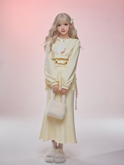 Serendipity Autumn Butter Yellow Rabbit Sweater Shirt & Long Skirt Two Piece Set