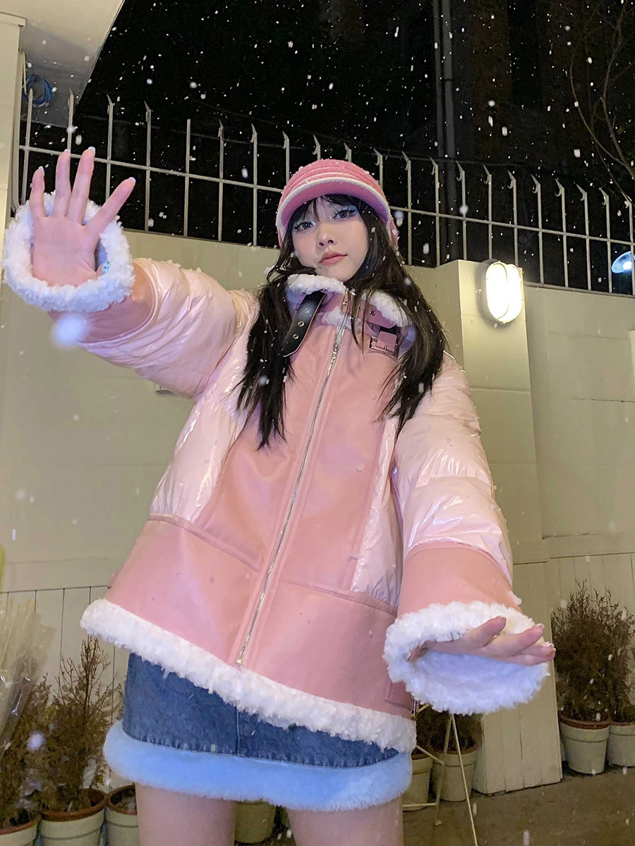 Y2K White Plush Devil Wings Pink Winter Jacket