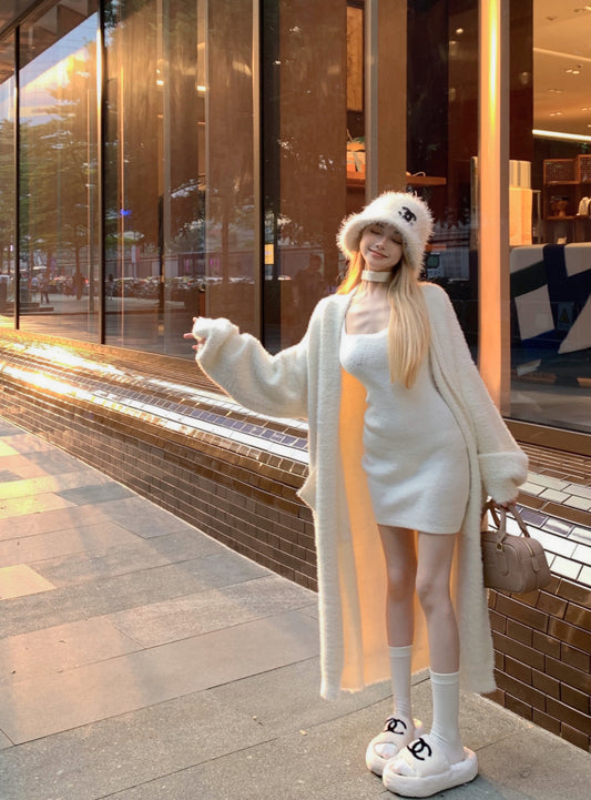 Fall Winter Knit Pure White Bodycon Strap Dress & Faux Mink Fur Long Coat Two Piece Set