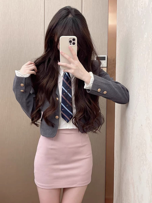 Monet Dark Academia Pink Gray Blazer Jacket White T Shirt Pink Short Skirt Three Piece Set