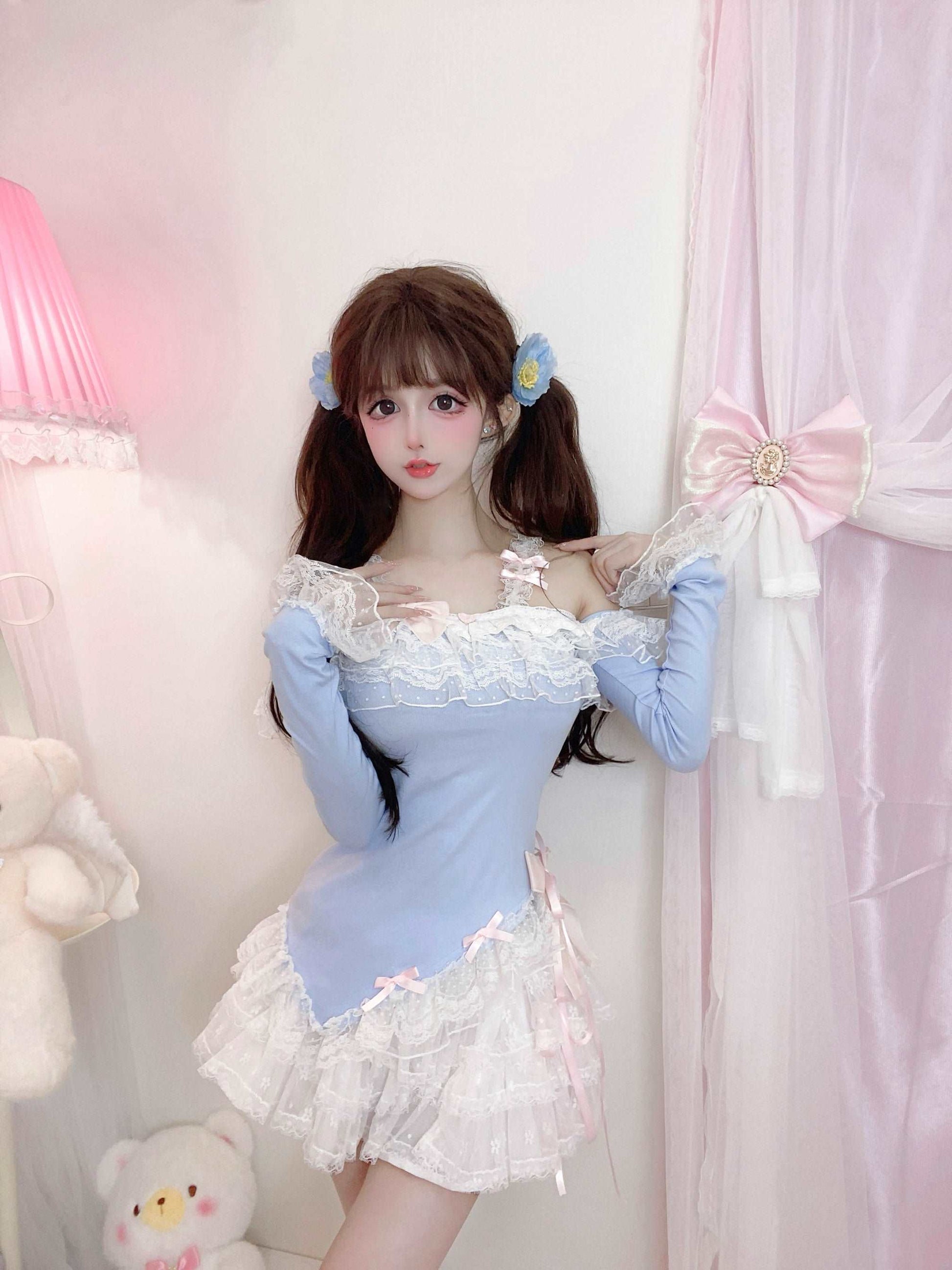 Candy Fairy Blue Bunny Top & White Ruffle Skirt Two Piece Set