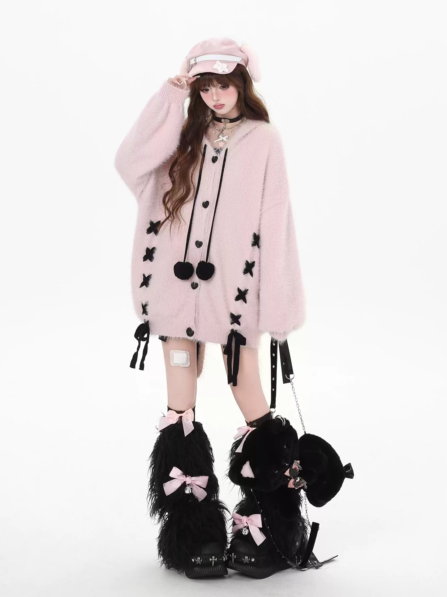 Crazy Girl Misty Winter Messenger Pink Black White Rabbit Ears Hoodie