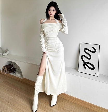 Chic Halter Neck Off Shoulder White Black Slit Long Dress