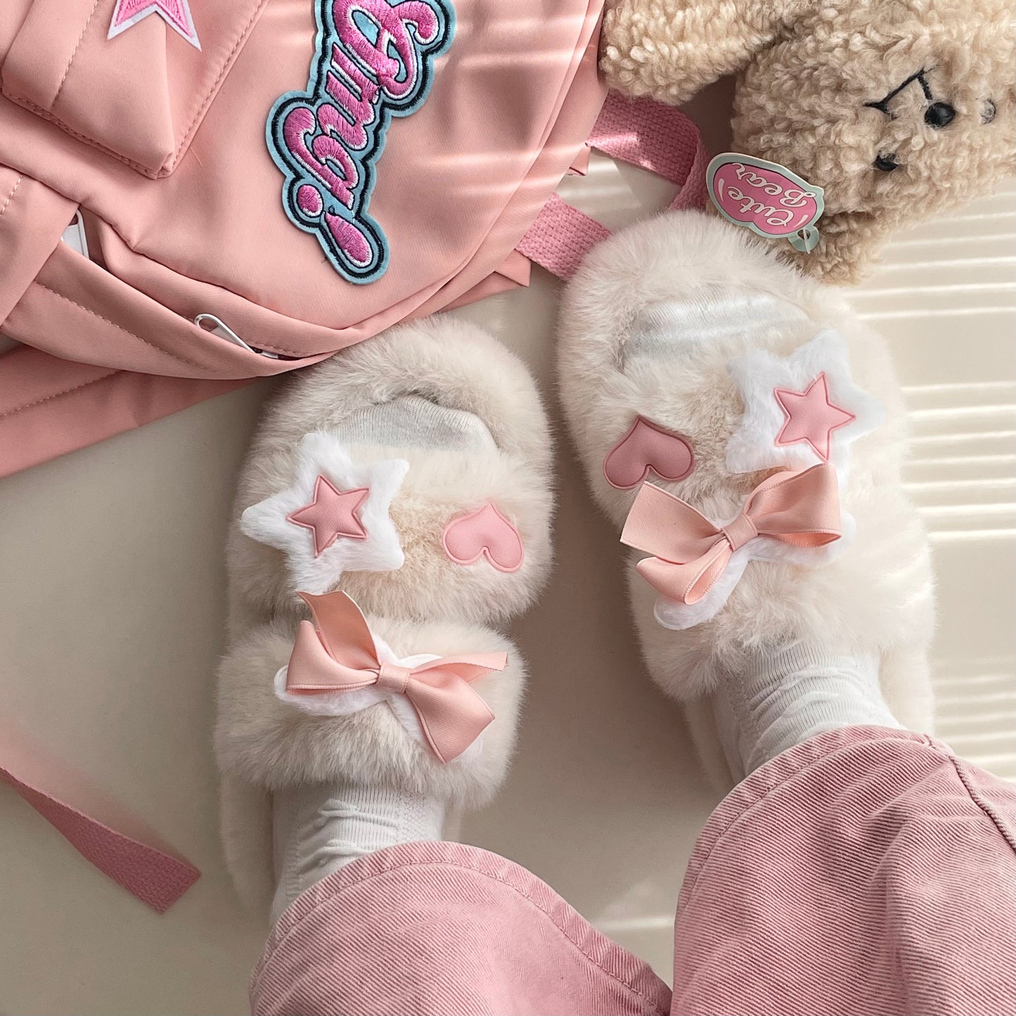 Star Heart Love Pink Bow Plush Fluff Slippers Shoes