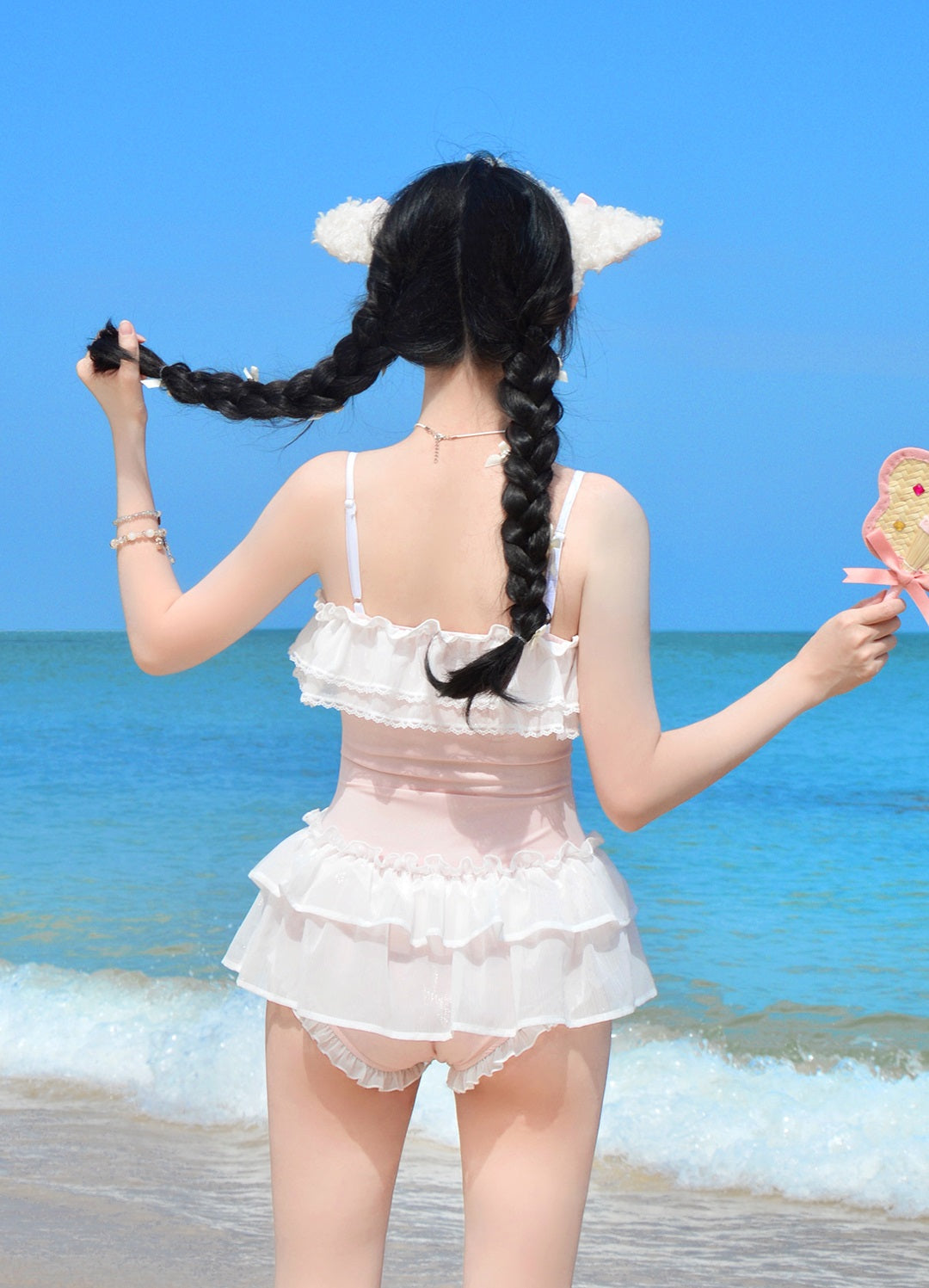 Satin Waltz Pink White Onepiece Swimsuit