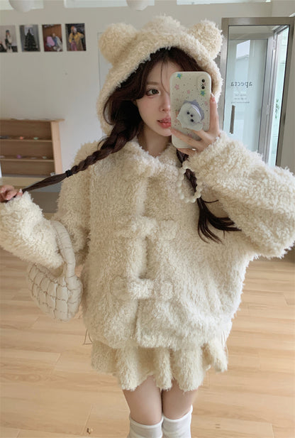 White Cute Bear Ears Hooded Wool Plush Jacket Coat Skirt Two Piece Set