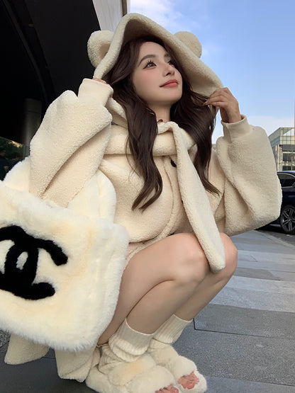 Cute Fall Winter White & Brown Bear Ears Hooded Jacket Skirt Two Piece Set