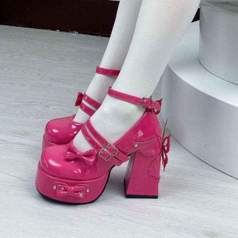 Butterfly Bow Buckle Strap Black White Pink Hot Pink Lolita Platform High Heels Shoes