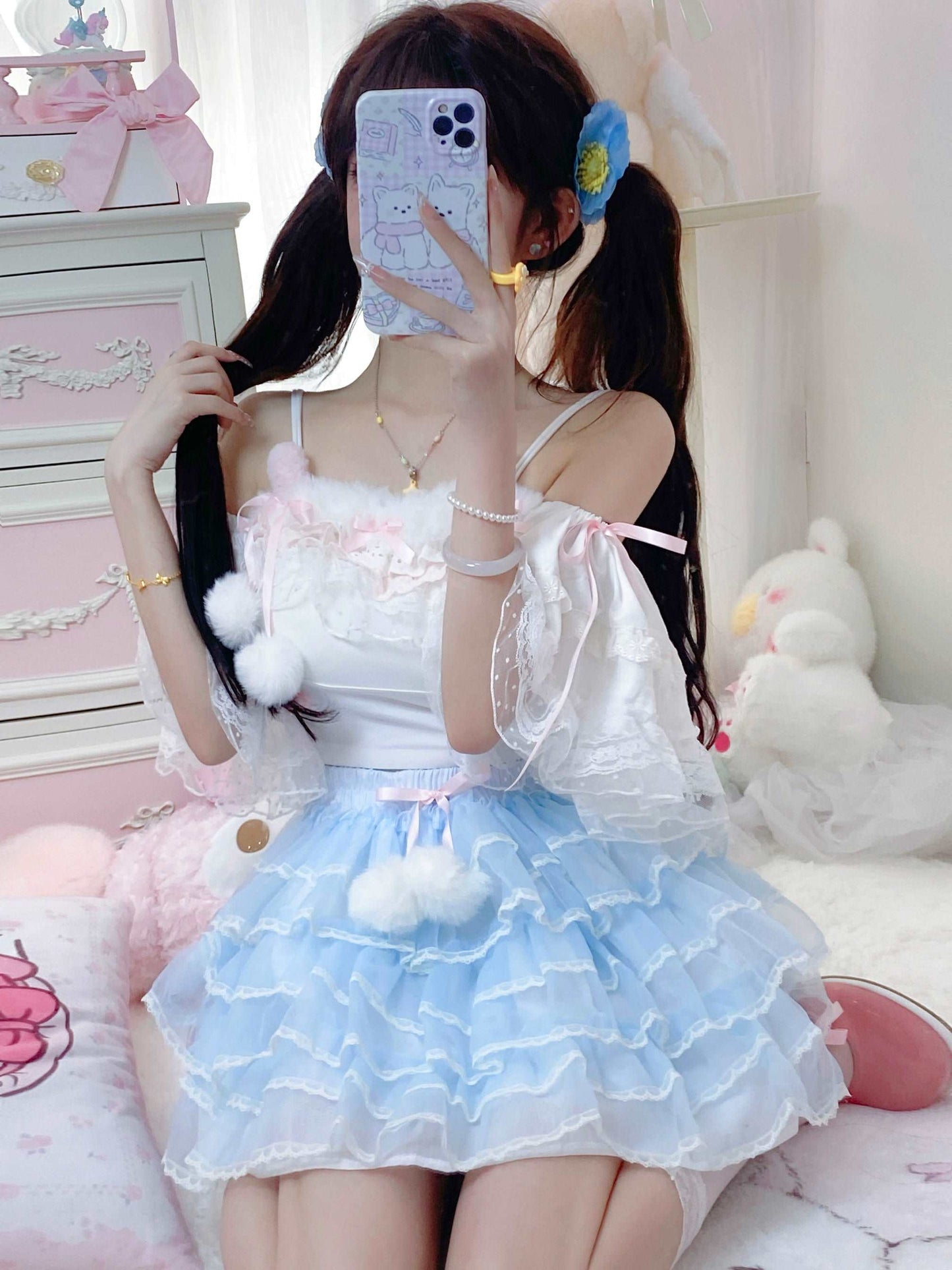 Candy Fairy Sweet White Camisole Top & Blue Ruffle Skirt Two Piece Set