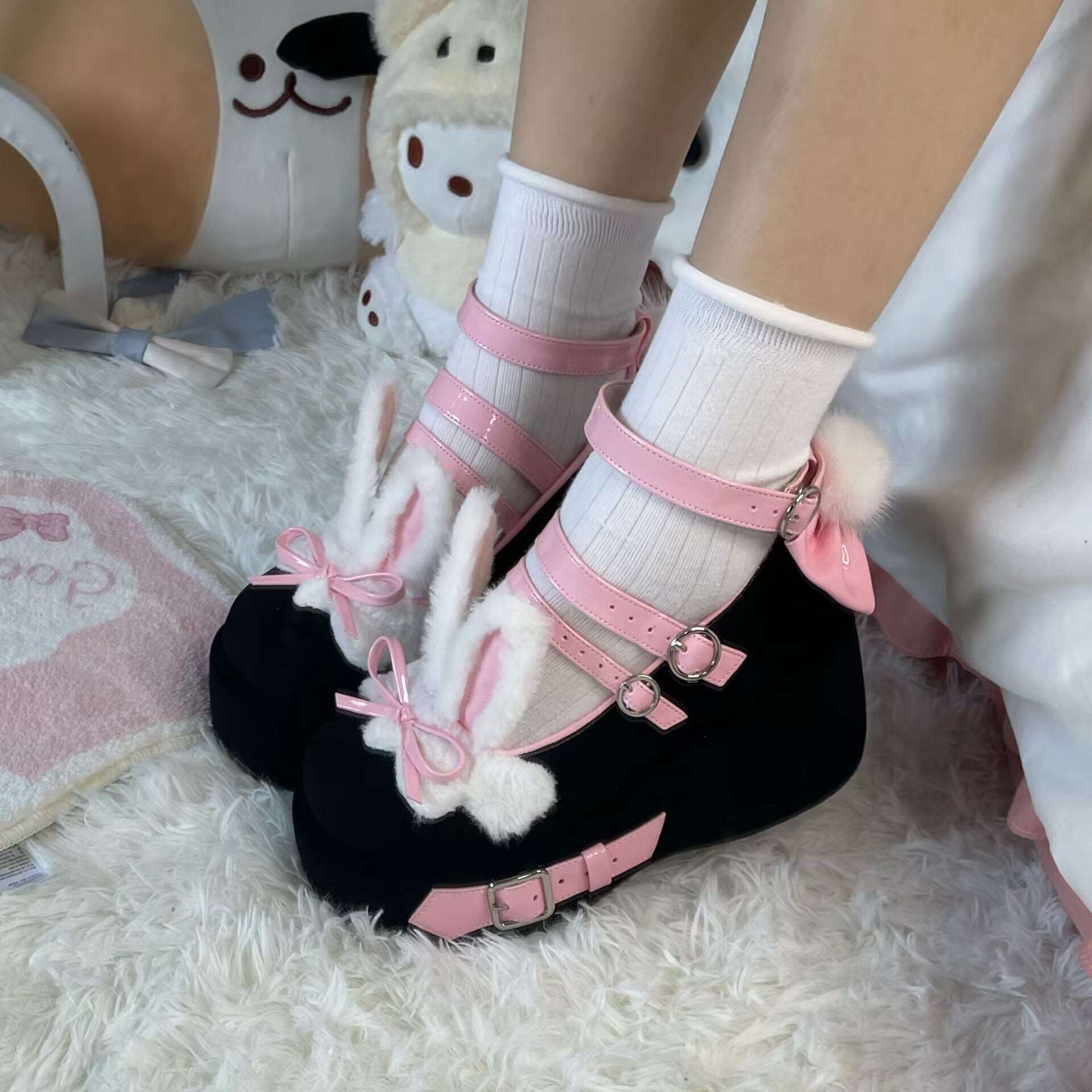 EGL Cute Fur Plush Rabbit Ears Buckle Black White Pink Blue Purple High Heels Platform Shoes