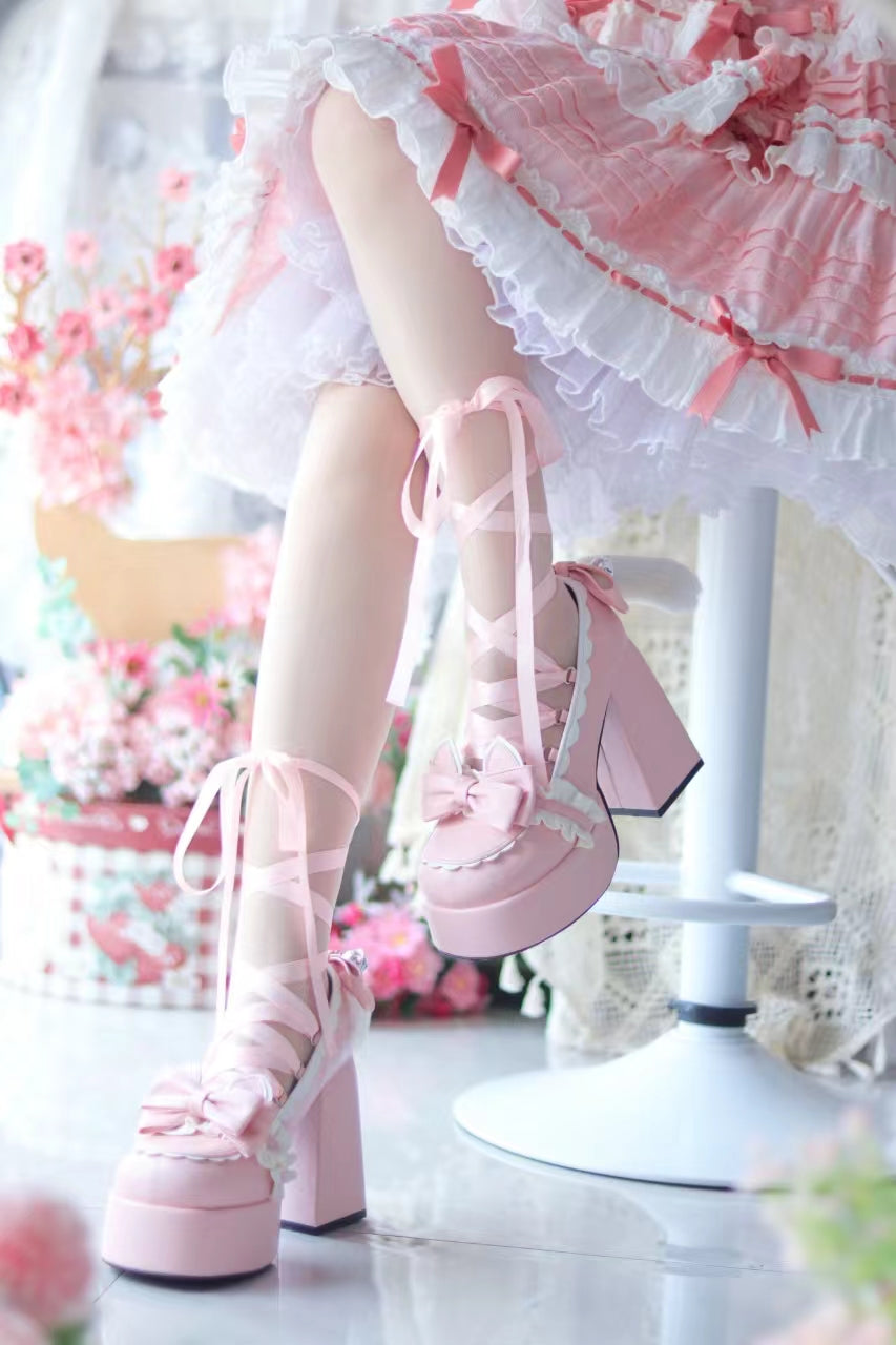 Pocket Cat Lolita Cat Tail Black Pink Blue High Heels Shoes