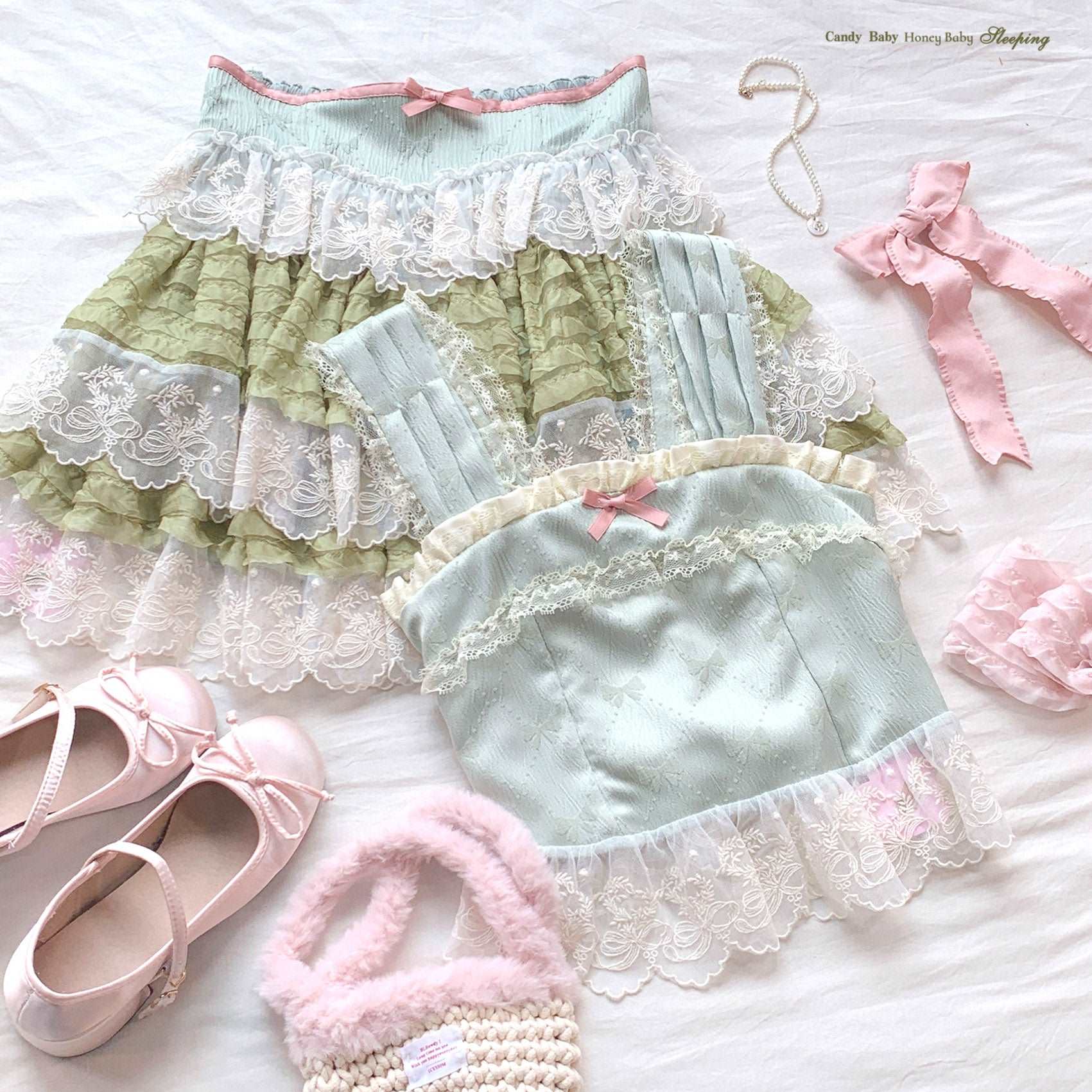 Dormir Doll Balletcore Retro Palace Lace Blue Pink Green Camisole & Skirt Two Piece Set