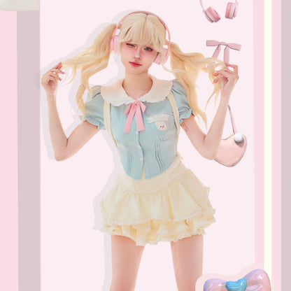 Serendipity Coquette White Doll Collar Bear Blue Puff Sleeve Shirt & White Ruffled Suspender Mini Skirt Two Piece Set