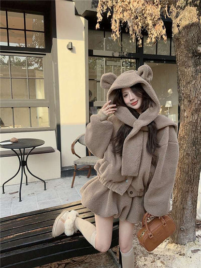 Cute Fall Winter White & Brown Bear Ears Hooded Jacket Skirt Two Piece Set