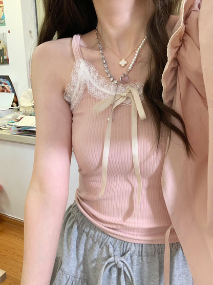 Coquette Balletcore Ribbon Cute Lace Soft Pink White Camisole