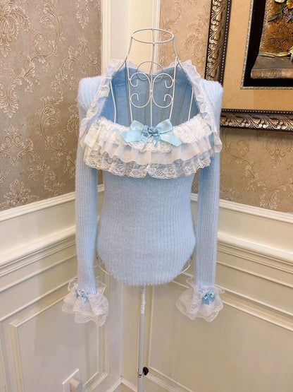 Sweetheart Princess Winter Elegant Lace Rose Bow Fuzzy Knit Pink & Blue Sweater Top