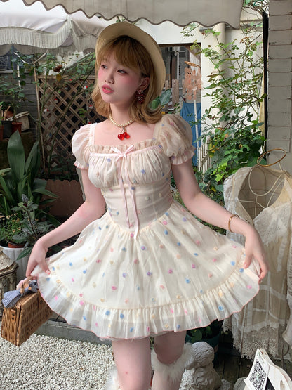 Picnic Girl Coquette Summer Cream Cotton Candy Puff Sleeve Dress