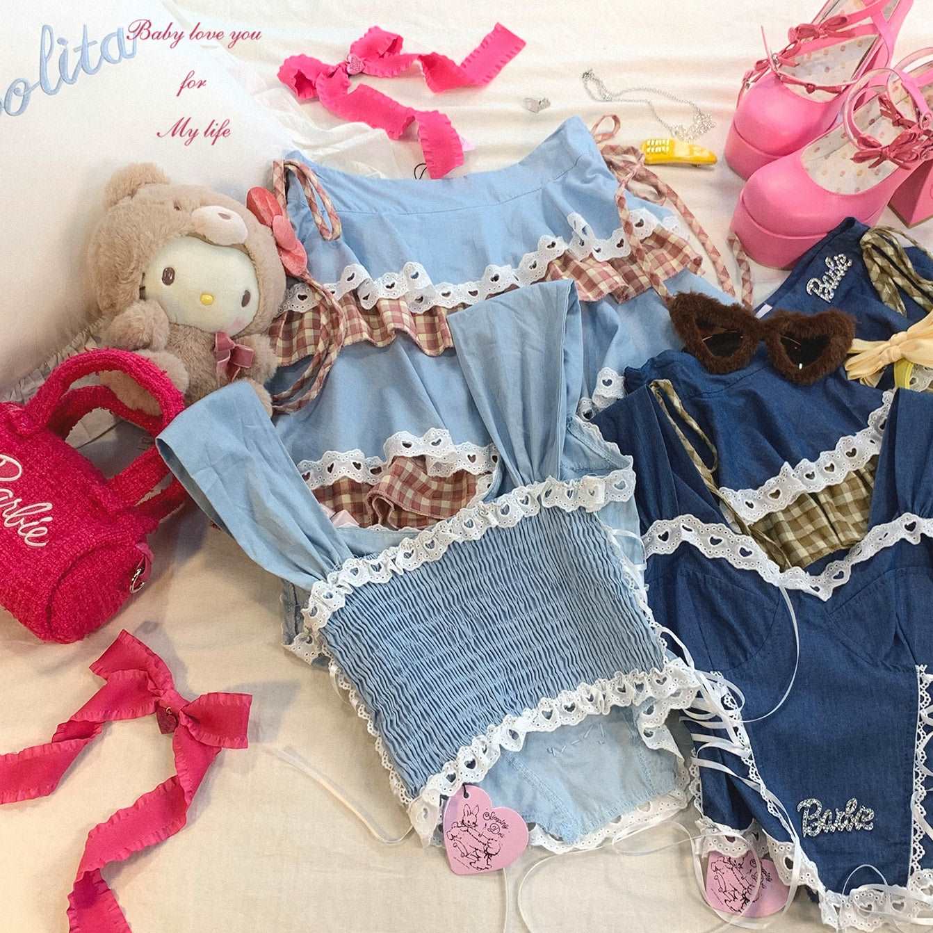 Dormir Doll Y2K Doll Denim Cotton Light Blue & Navy Blue Plaid Camisole Skirt Two Piece Set