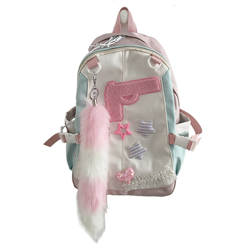 Y2K Pink Pistol Foxtail Large Capacity Student Backpack Bag