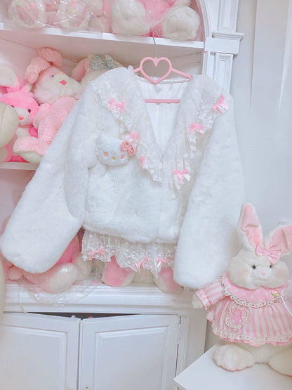 Candy Fairy Lace Kitty Cat Coquette Winter White Plush Fur Jacket