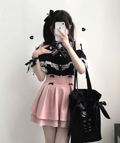 Kitten Bullet Jirai Kei Love Gemstone Ribbon Black White Off Shoulder Shirt Blouse