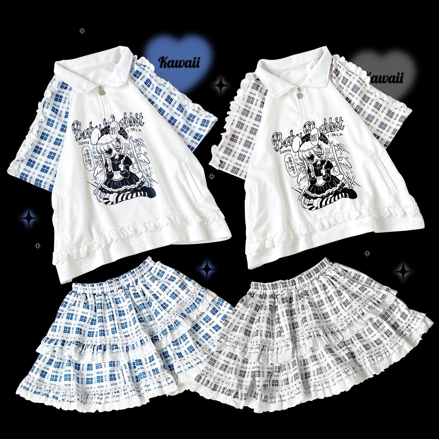 Kitten Bullet College Usagi Black Blue Plaid White Polo Shirt & Skirt Two Piece Set