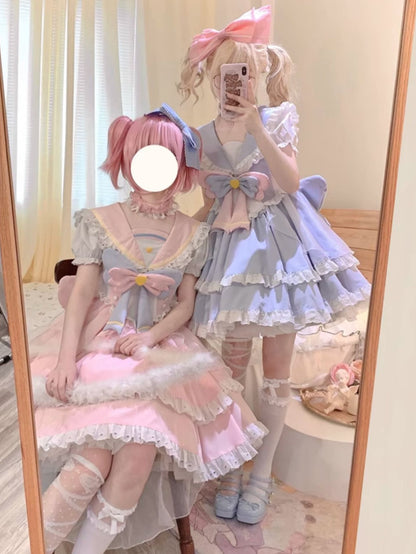 Starlight Sweetheart Magical Girl Anime Pink & Blue Star Sailor Collar Ruffled Lolita Dress