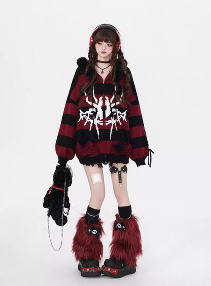 Crazy Girl Spider Punk Striped Gray Black White Purple Red Fur Jacket Hoodie