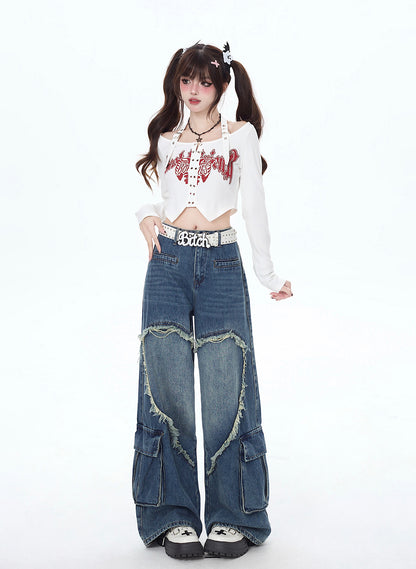 Crazy Girl Y2K Heart Blue Black Wide Leg Denim Jeans