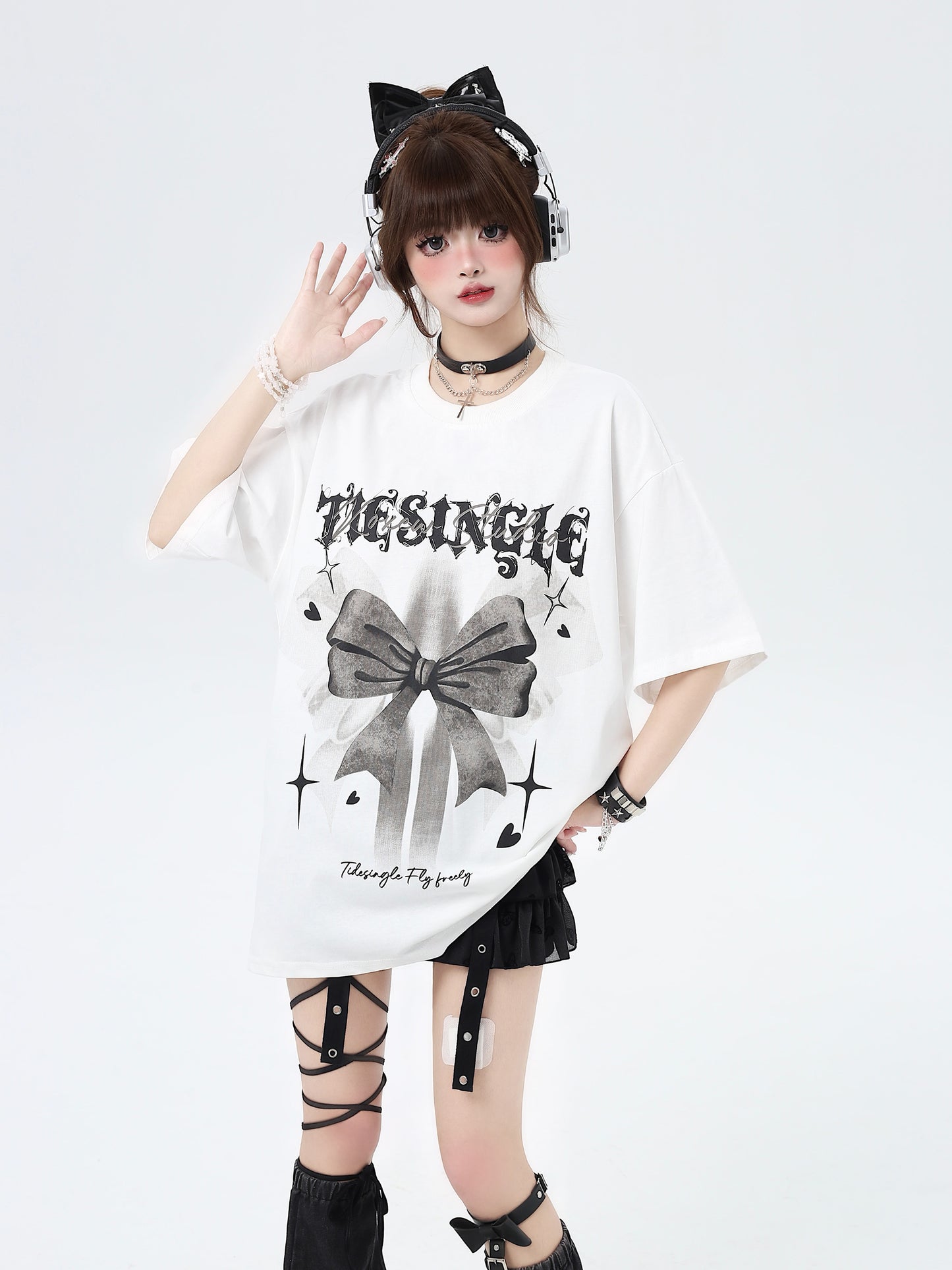 Crazy Girl Tiesingle Bow Black White Oversize T-shirt