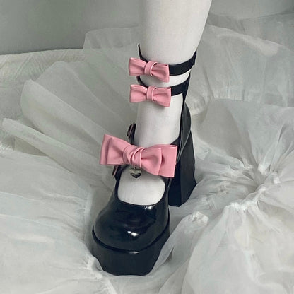 Pocket Cat Lolita Black Pink White Bow High Heels Shoes