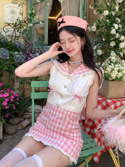 Picnic Girl Pink Sailor Collar Checkerboard Dress