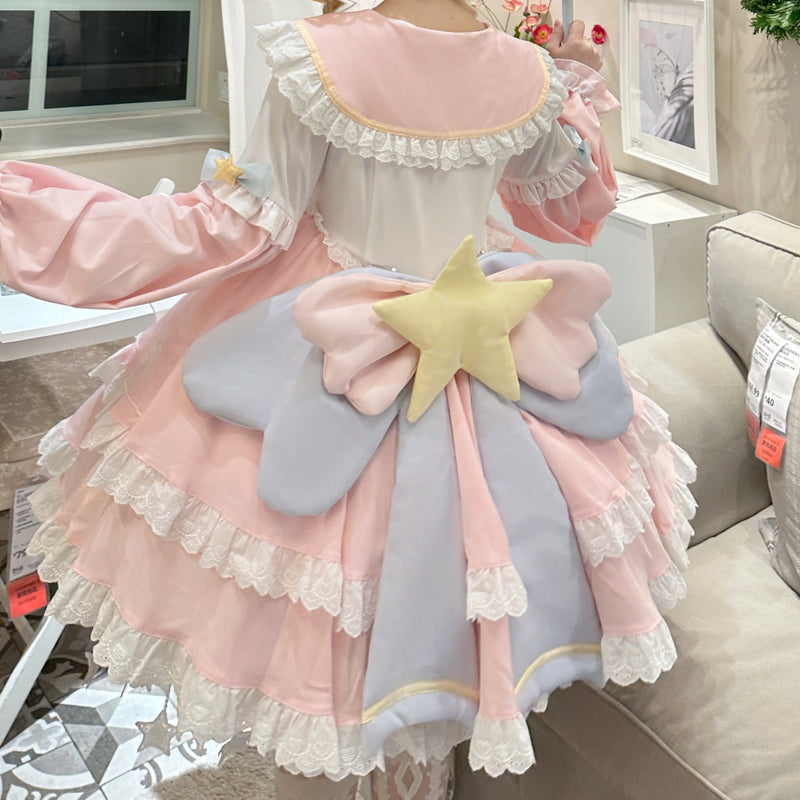 Starlight Sweetheart Magical Girl Anime Pink & Blue Star Sailor Collar Ruffled Lolita Dress