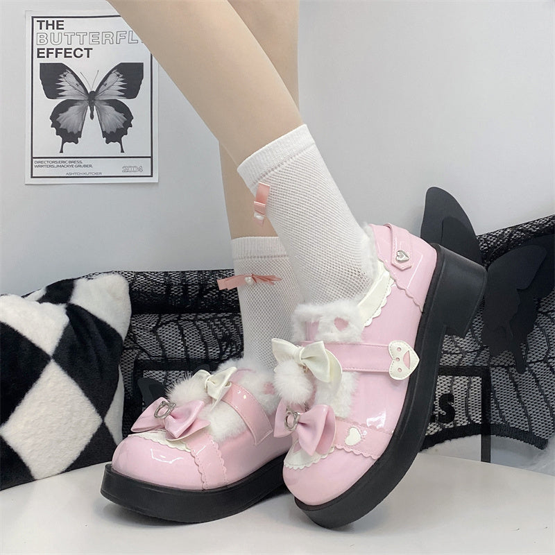 Winter Plush Lolita Bow Cat White Pink Blue Black Shoes