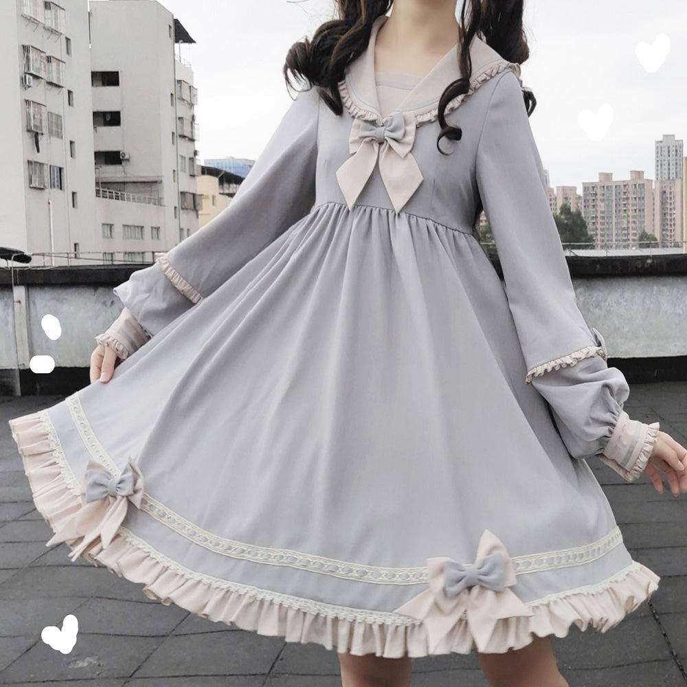 Lolita Sailor Collar Navy Blue & Sky Blue Bow Long Sleeve Dress