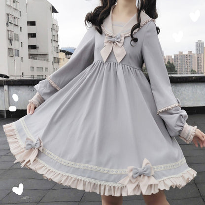 Lolita Sailor Collar Navy Blue & Sky Blue Bow Long Sleeve Dress