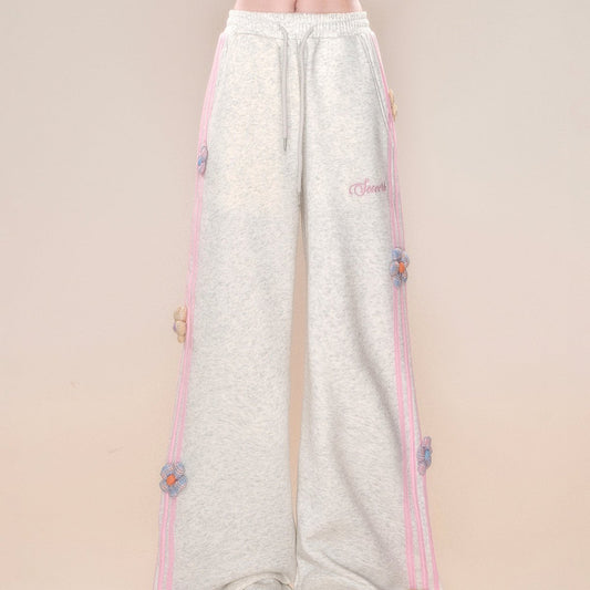 Young Eyes Sweet Flower Gray Pink Elastic Waist Sweatpants