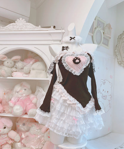 Candy Fairy Black Paw Top & White Ruffle Skirt Two Piece Set