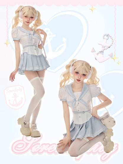 Serendipity Summer Voyager Blue Seifuku Sailor Collar Shirt Top & Skirt Two Piece Set