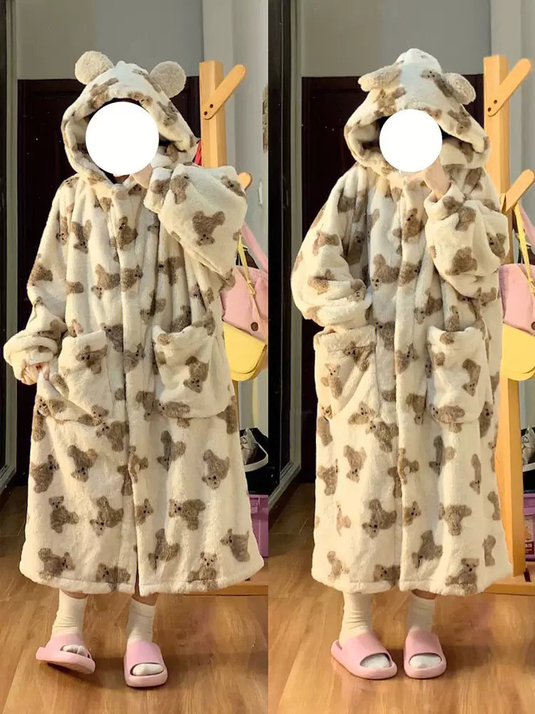 Winter Teddy Bear Soft Fleece Long Hooded Bathrobe Pajama